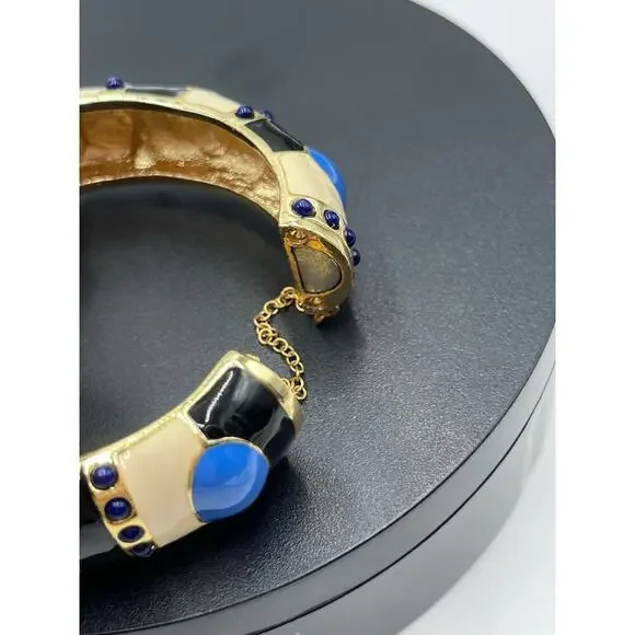 J. Crew Blue Enamel Tan Gold Tone Hinged Safety Chain Bangle Bracelet